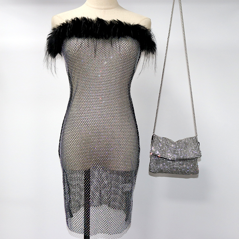 Black Feather Decor Rhinestone Mesh Strapless Dress Factory