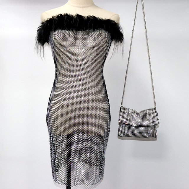 Black Feather Decor Rhinestone Mesh Strapless Dress Factory