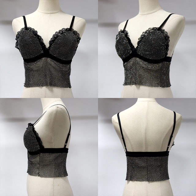 Black Lace Trim Plastic Net Rhinestone Crop Top Custom