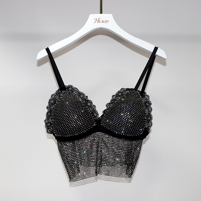 Black Lace Trim Plastic Net Rhinestone Crop Top Custom