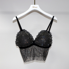 Black Lace Trim Plastic Net Rhinestone Crop Top Custom