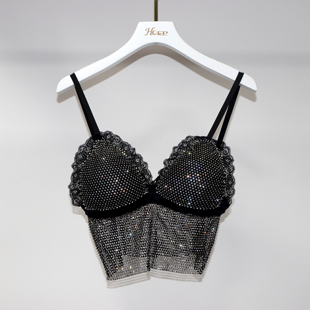 Black Lace Trim Plastic Net Rhinestone Crop Top Custom