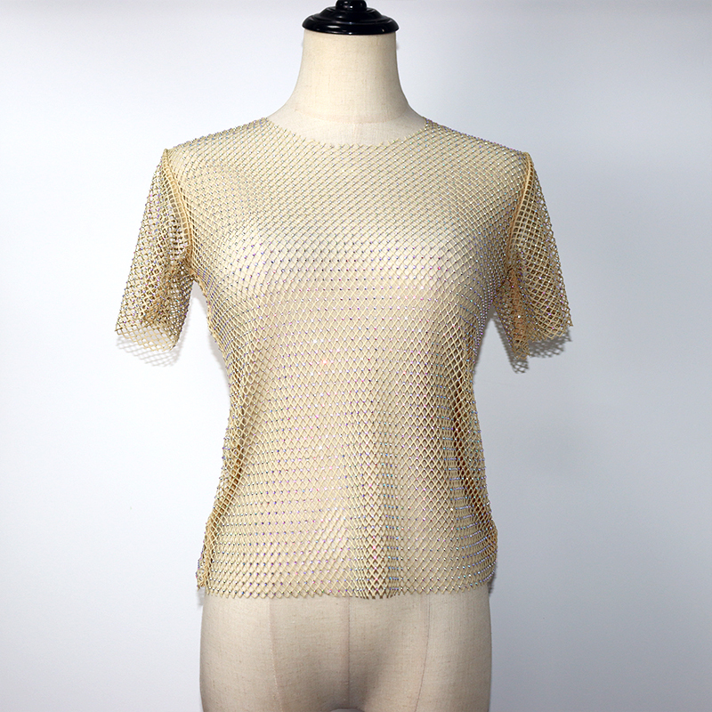 Sparkle Beige Crystal Mesh T Shirts Exporter