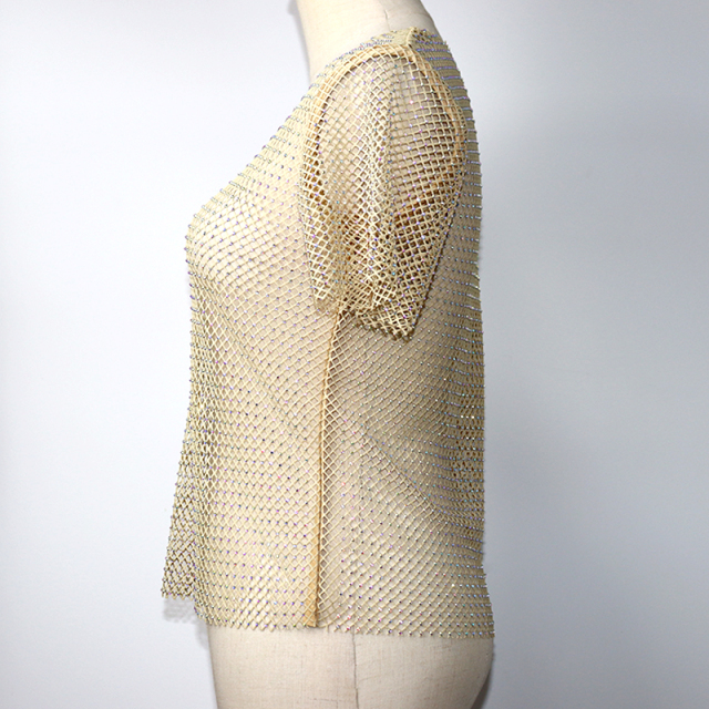 Sparkle Beige Crystal Mesh T Shirts Exporter