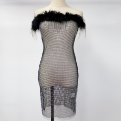 Black Feather Decor Rhinestone Mesh Strapless Dress Factory