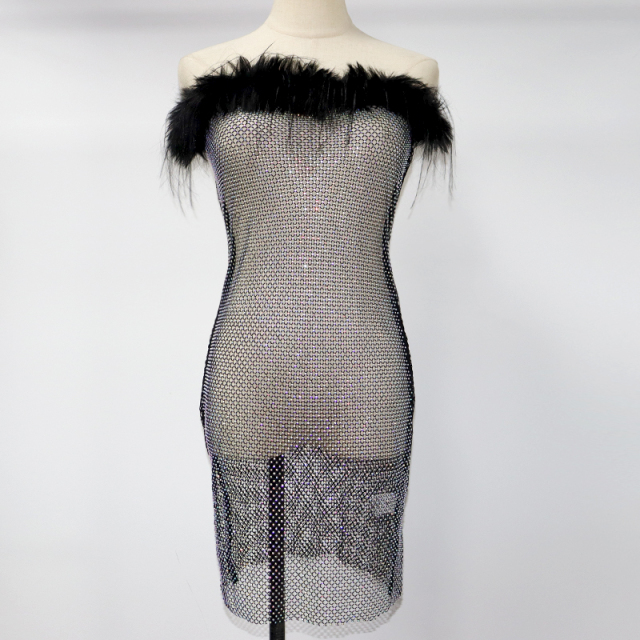 Black Feather Decor Rhinestone Mesh Strapless Dress Factory