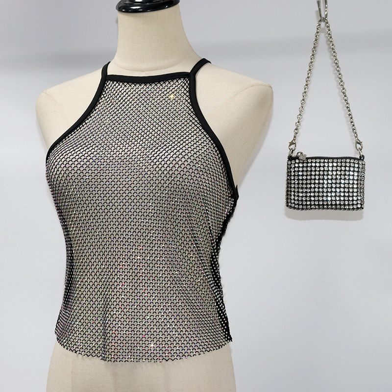 Shiny Halter Neck Rhinestone Mesh Crop Top Factory