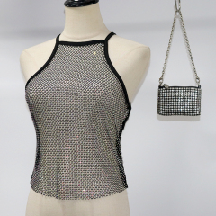 Shiny Halter Neck Rhinestone Mesh Crop Top Factory