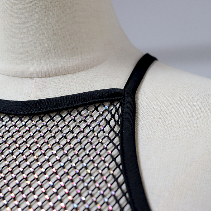 Shiny Halter Neck Rhinestone Mesh Crop Top Factory
