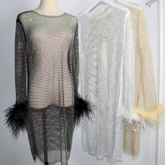 Black Feather Decor Long Sleeve Rhinestone Mesh Dress Exporter