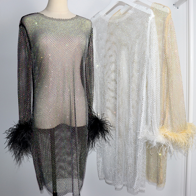 Black Feather Decor Long Sleeve Rhinestone Mesh Dress Exporter