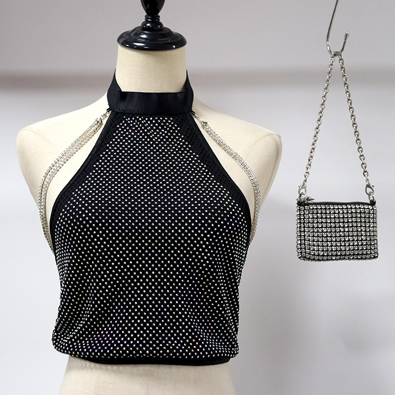 Black Backless Crystal Chain Sheer Mesh Crop Top Supplier