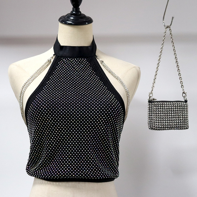 Black Backless Crystal Chain Sheer Mesh Crop Top Supplier