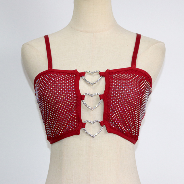 Red Heart Shaped Crystal Mesh Camisole Crop Top Manufacturer
