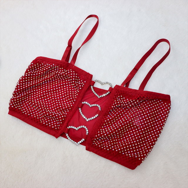 Red Heart Shaped Crystal Mesh Camisole Crop Top Manufacturer