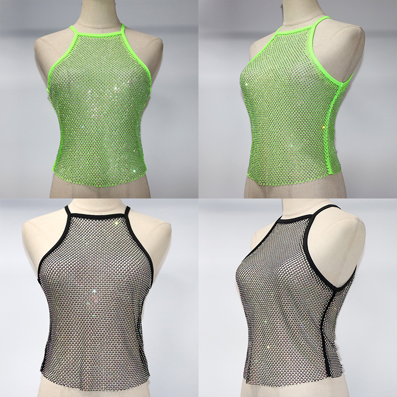 Shiny Halter Neck Rhinestone Mesh Crop Top Factory