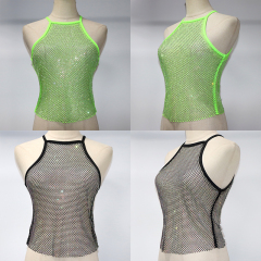 Shiny Halter Neck Rhinestone Mesh Crop Top Factory