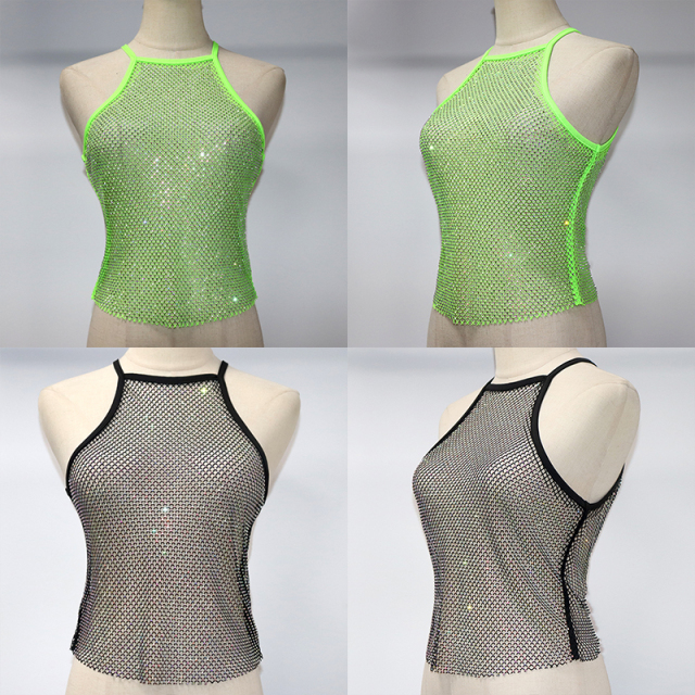 Shiny Halter Neck Rhinestone Mesh Crop Top Factory
