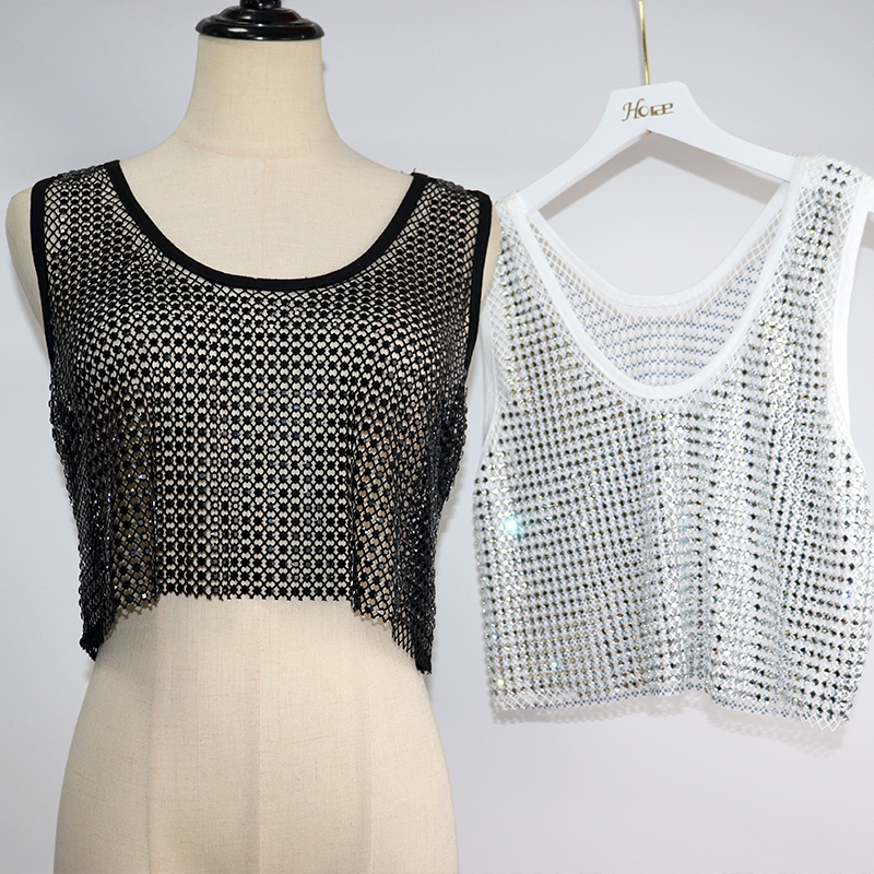Square Shaped Diamante Mesh Crop Tank Top Wholesale