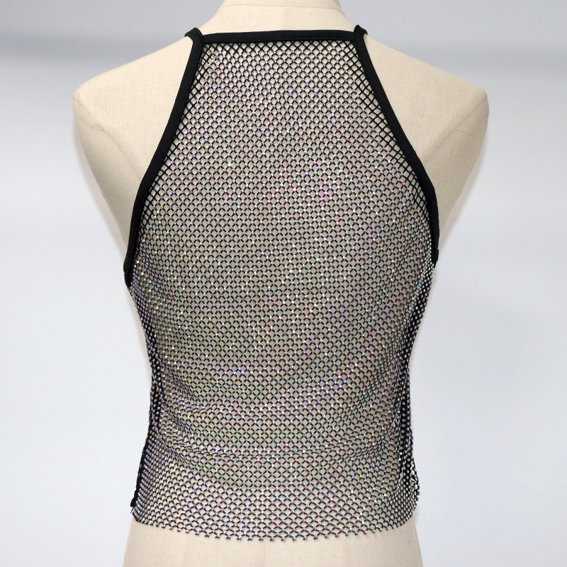 Shiny Halter Neck Rhinestone Mesh Crop Top Factory
