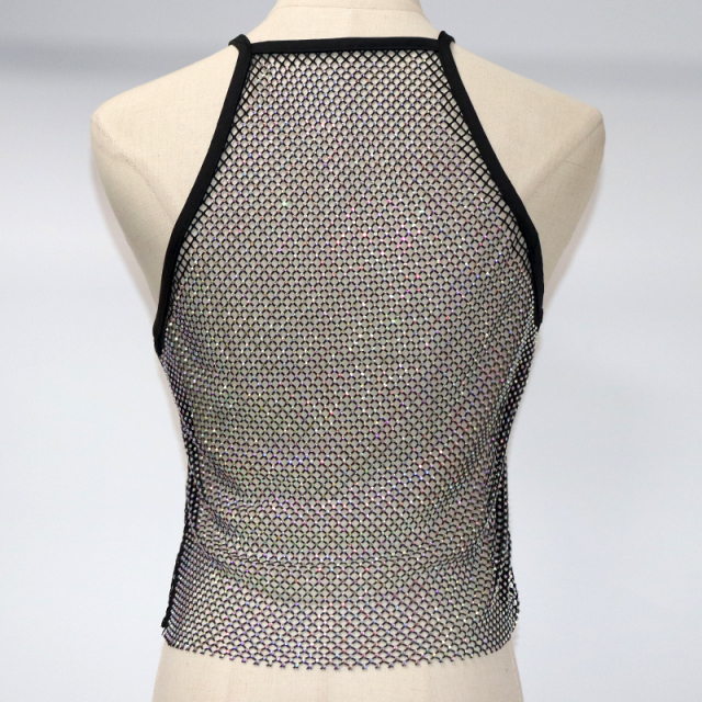 Shiny Halter Neck Rhinestone Mesh Crop Top Factory