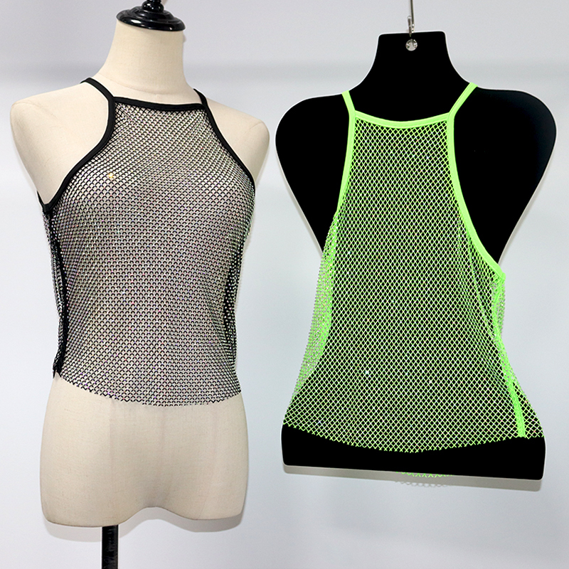Shiny Halter Neck Rhinestone Mesh Crop Top Factory