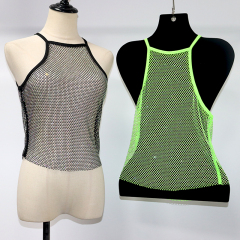 Shiny Halter Neck Rhinestone Mesh Crop Top Factory