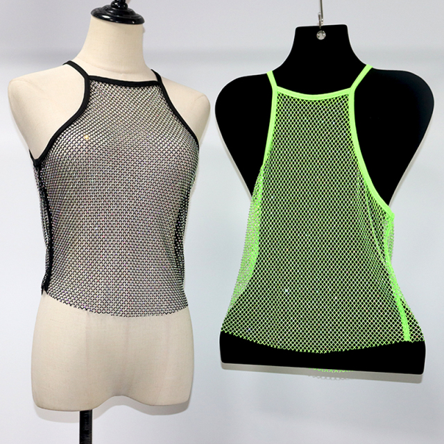 Shiny Halter Neck Rhinestone Mesh Crop Top Factory