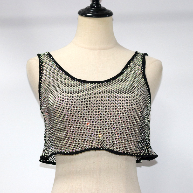 Luxury Black Crystal Net Vest Crop Top Exporter