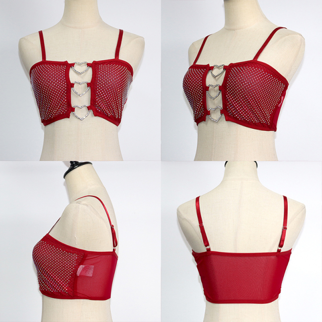 Red Heart Shaped Crystal Mesh Camisole Crop Top Manufacturer