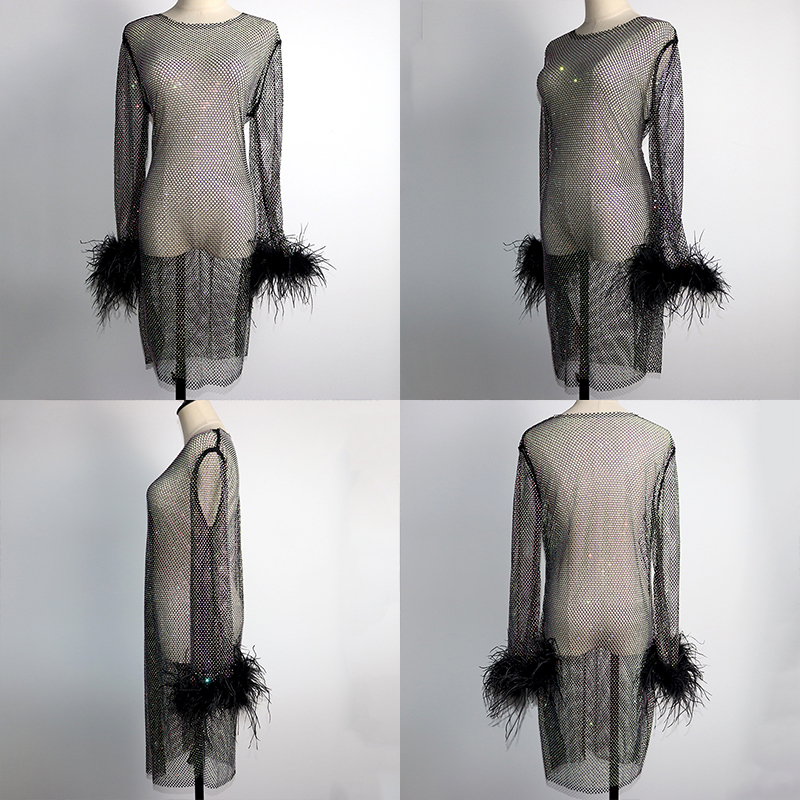 Black Feather Decor Long Sleeve Rhinestone Mesh Dress Exporter