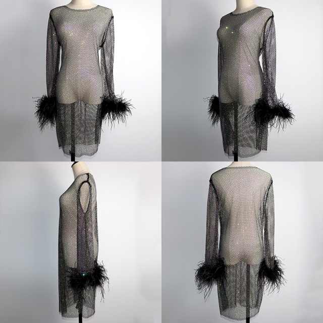 Black Feather Decor Long Sleeve Rhinestone Mesh Dress Exporter
