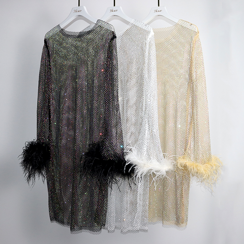 Black Feather Decor Long Sleeve Rhinestone Mesh Dress Exporter