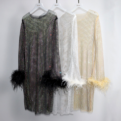 Black Feather Decor Long Sleeve Rhinestone Mesh Dress Exporter