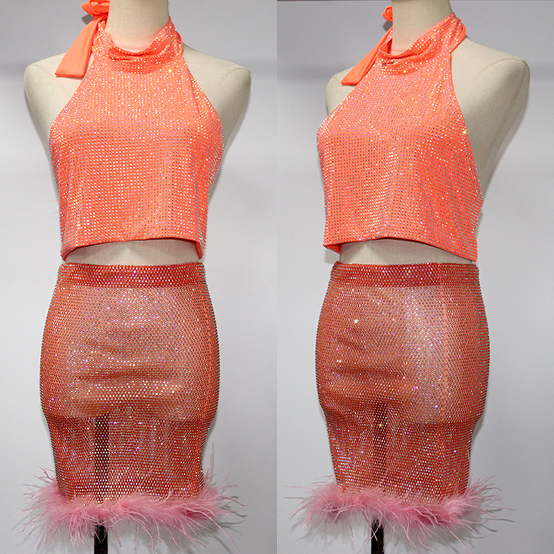 Feather Trim Plastic Rhinestone Mesh Short Pencil Skirt Wholesale