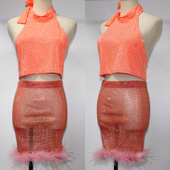 Feather Trim Plastic Rhinestone Mesh Short Pencil Skirt Wholesale