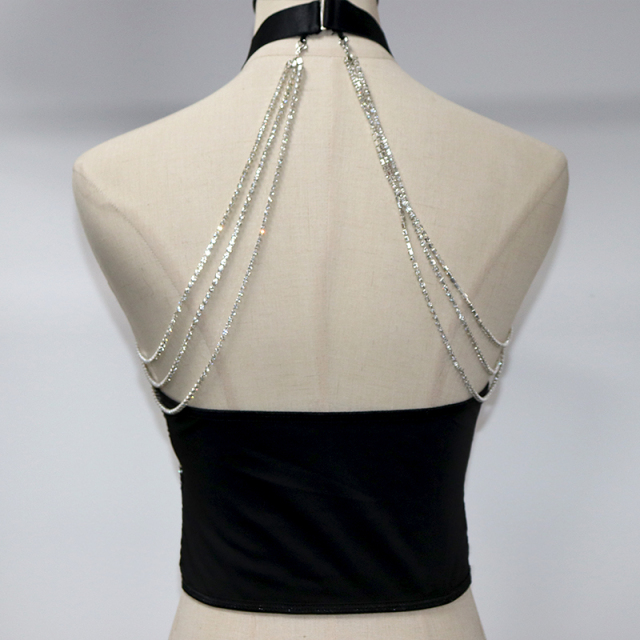 Black Backless Crystal Chain Sheer Mesh Crop Top Supplier