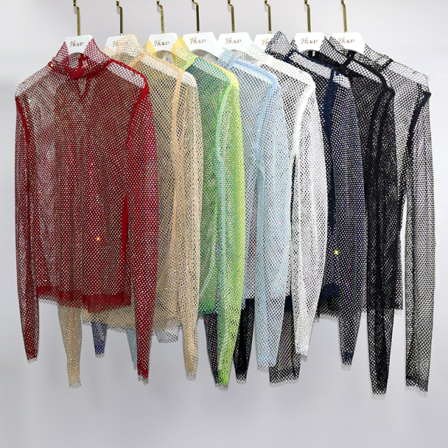 Turtleneck Long Sleeve Diamond Mesh Shirt Top Factory