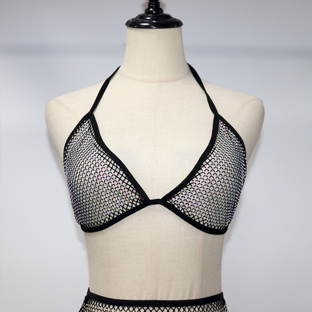 Blink Halter Lace Up Rhinestone Net Bralette Top Custom