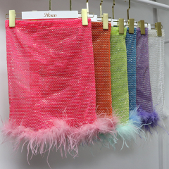 Feather Trim Plastic Rhinestone Mesh Short Pencil Skirt Wholesale
