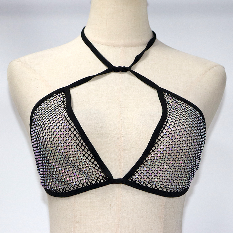 Blink Halter Lace Up Rhinestone Net Bralette Top Custom