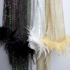 Black Feather Decor Long Sleeve Rhinestone Mesh Dress Exporter