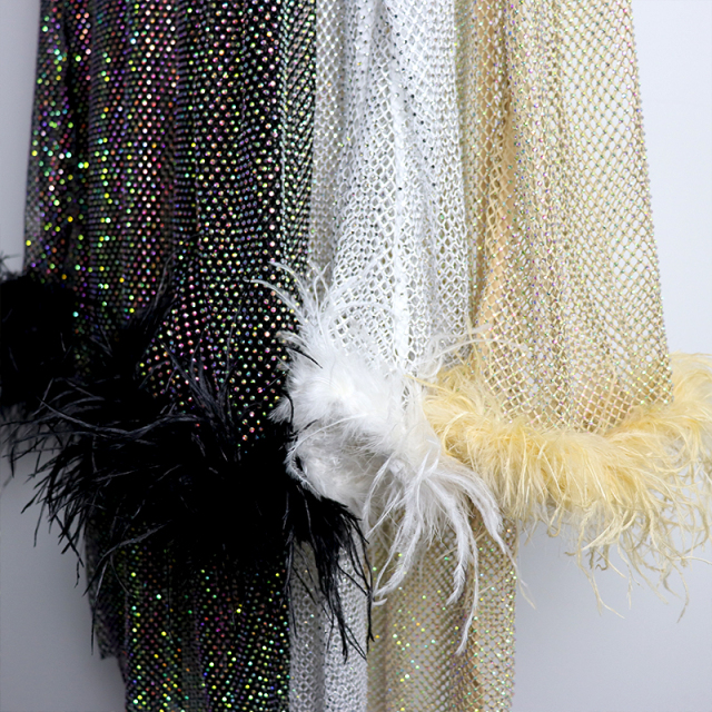 Black Feather Decor Long Sleeve Rhinestone Mesh Dress Exporter