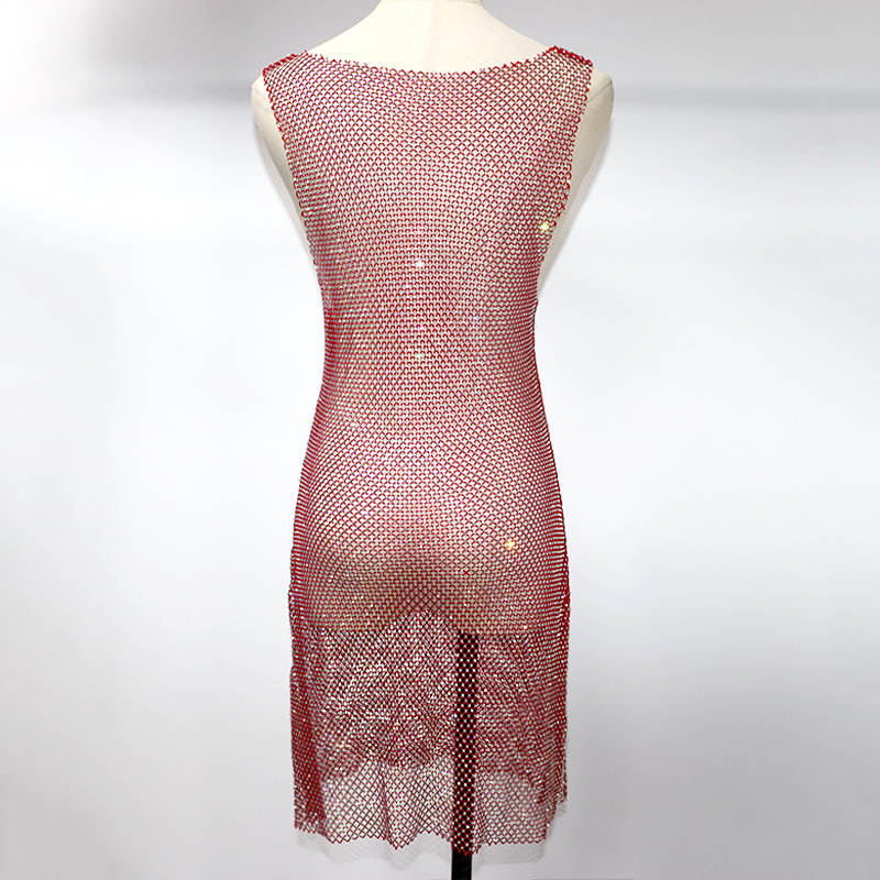 Red Rhinestone Net Mini Tank Dress Supplier