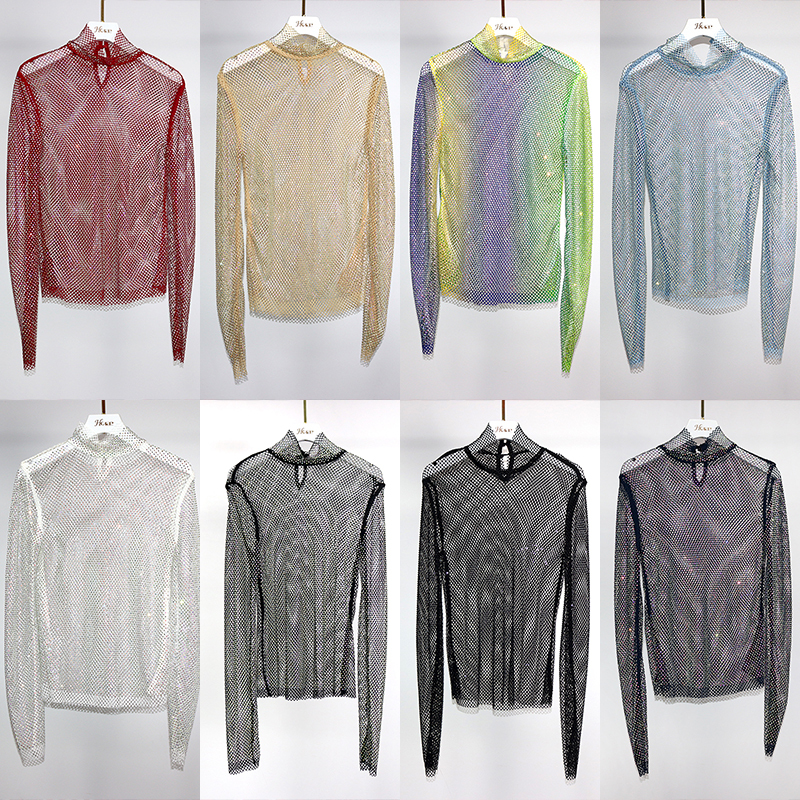 Turtleneck Long Sleeve Diamond Mesh Shirt Top Factory