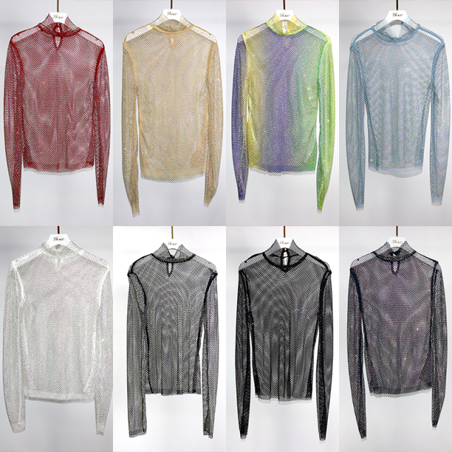 Turtleneck Long Sleeve Diamond Mesh Shirt Top Factory
