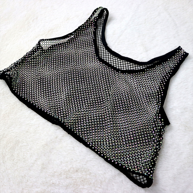 Luxury Black Crystal Net Vest Crop Top Exporter