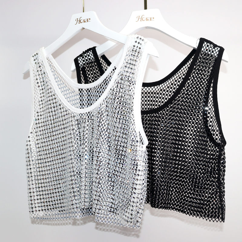 Square Shaped Diamante Mesh Crop Tank Top Wholesale