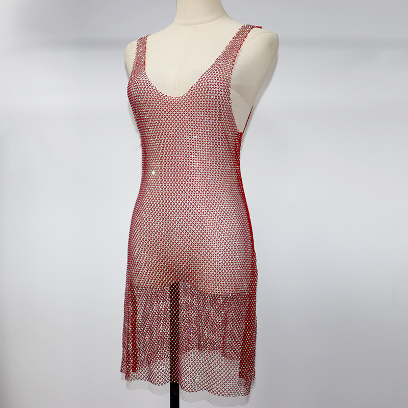 Red Rhinestone Net Mini Tank Dress Supplier