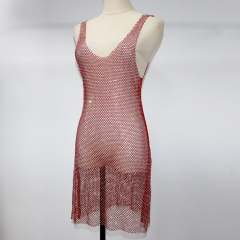 Red Rhinestone Net Mini Tank Dress Supplier